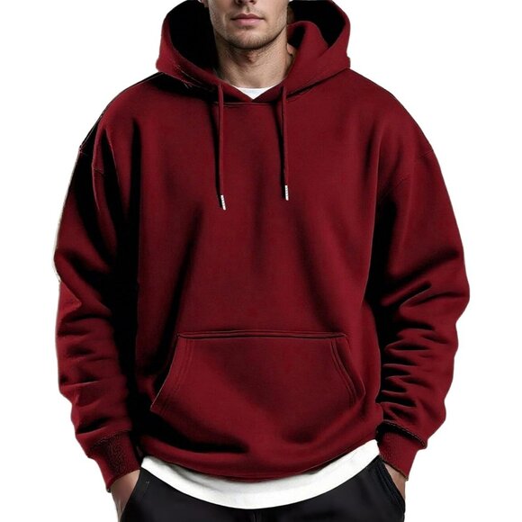 Coofandy Men Wine Red Pullover Fleece Hooded Sweatshirt with Kanga Pocket - Picture 1 of 6